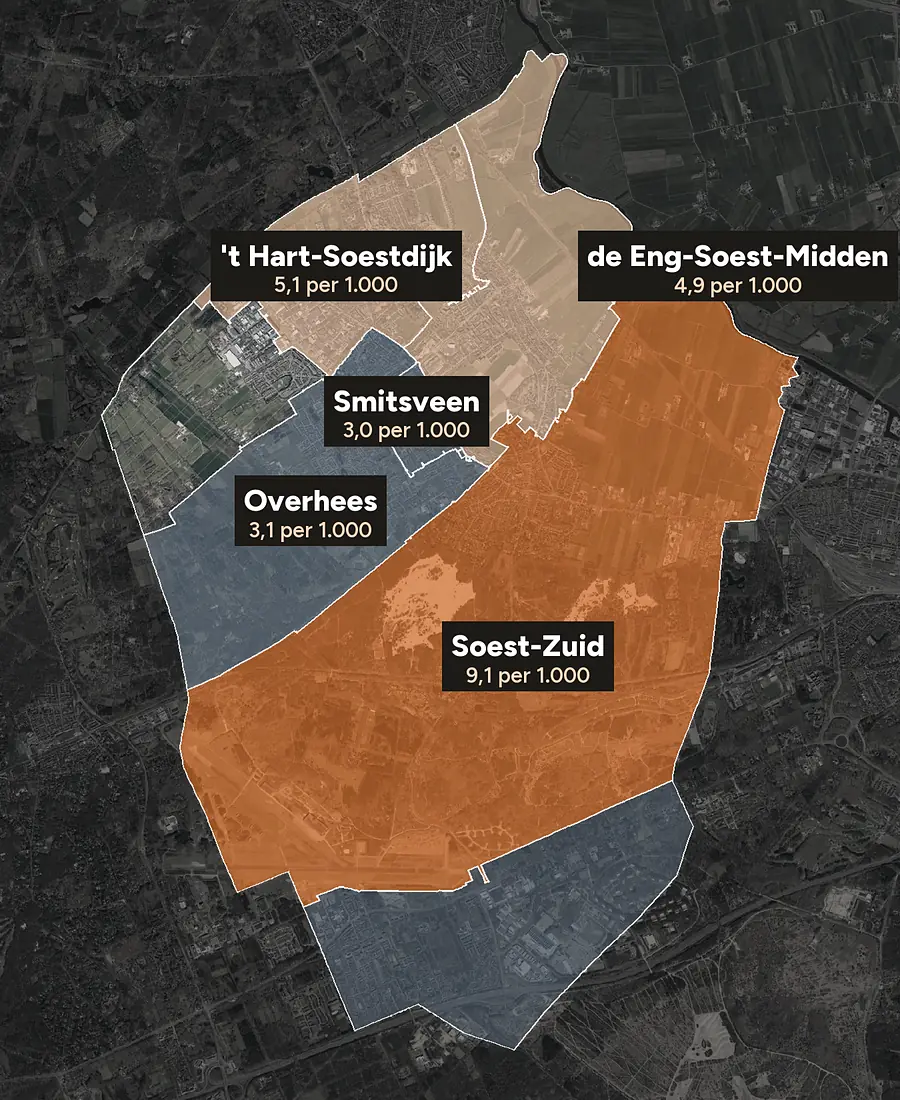 Luchtfoto van Soest met de wijken ingekleurd