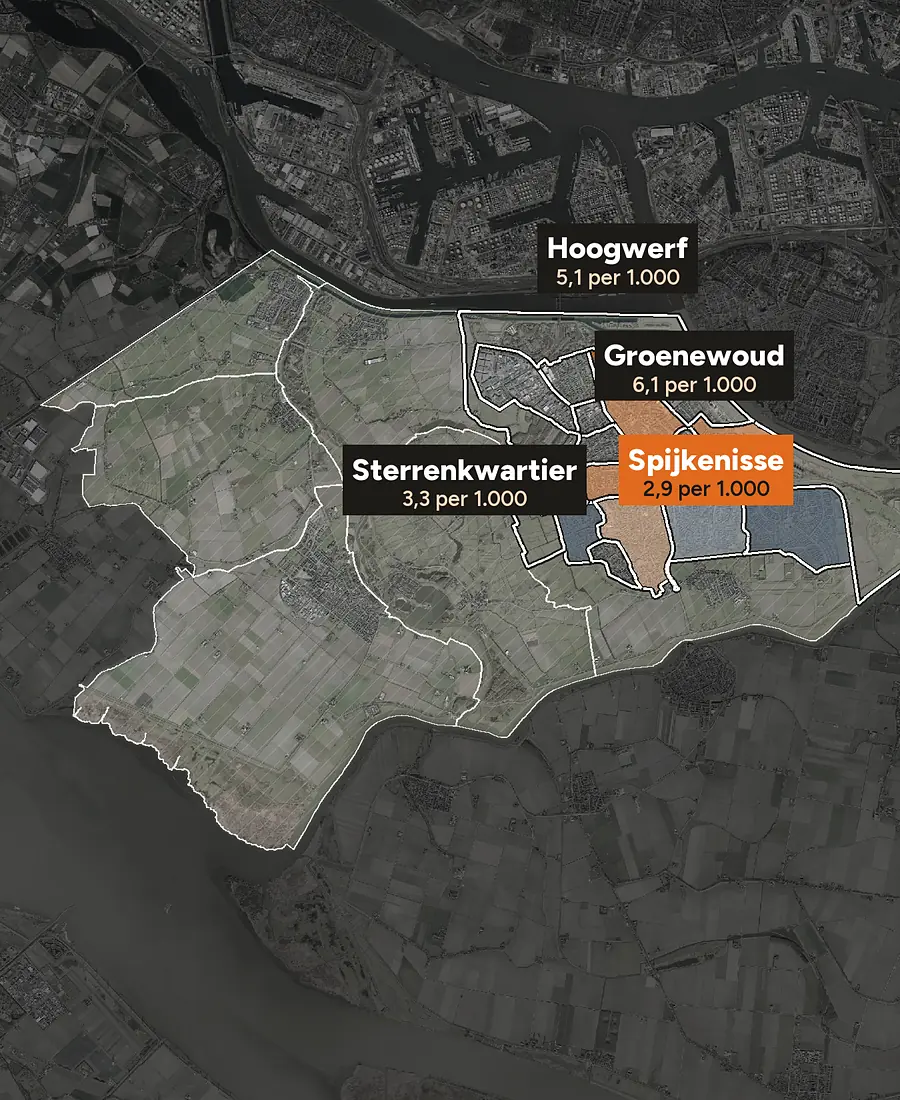 Luchtfoto van Spijkenisse met de wijken ingekleurd