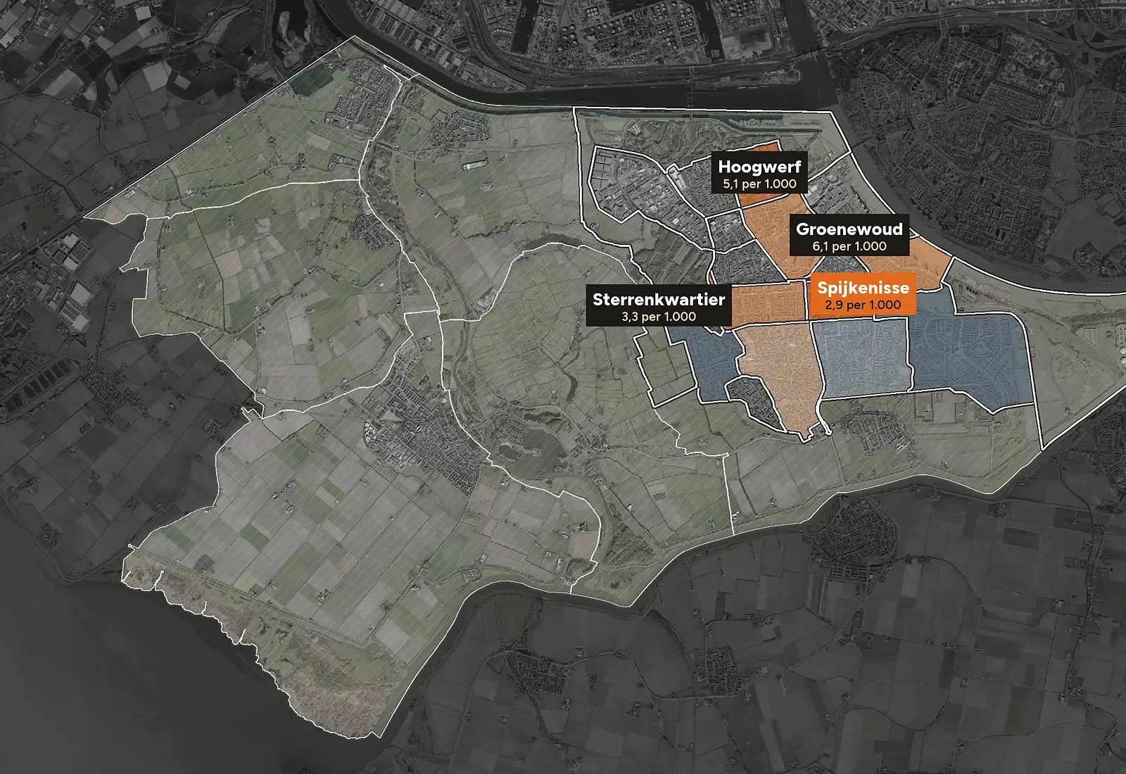 Luchtfoto van Spijkenisse en de rest van Nissewaard met de wijken ingekleurd naar woninginbraken per 1.000 woningen, 2023-2025