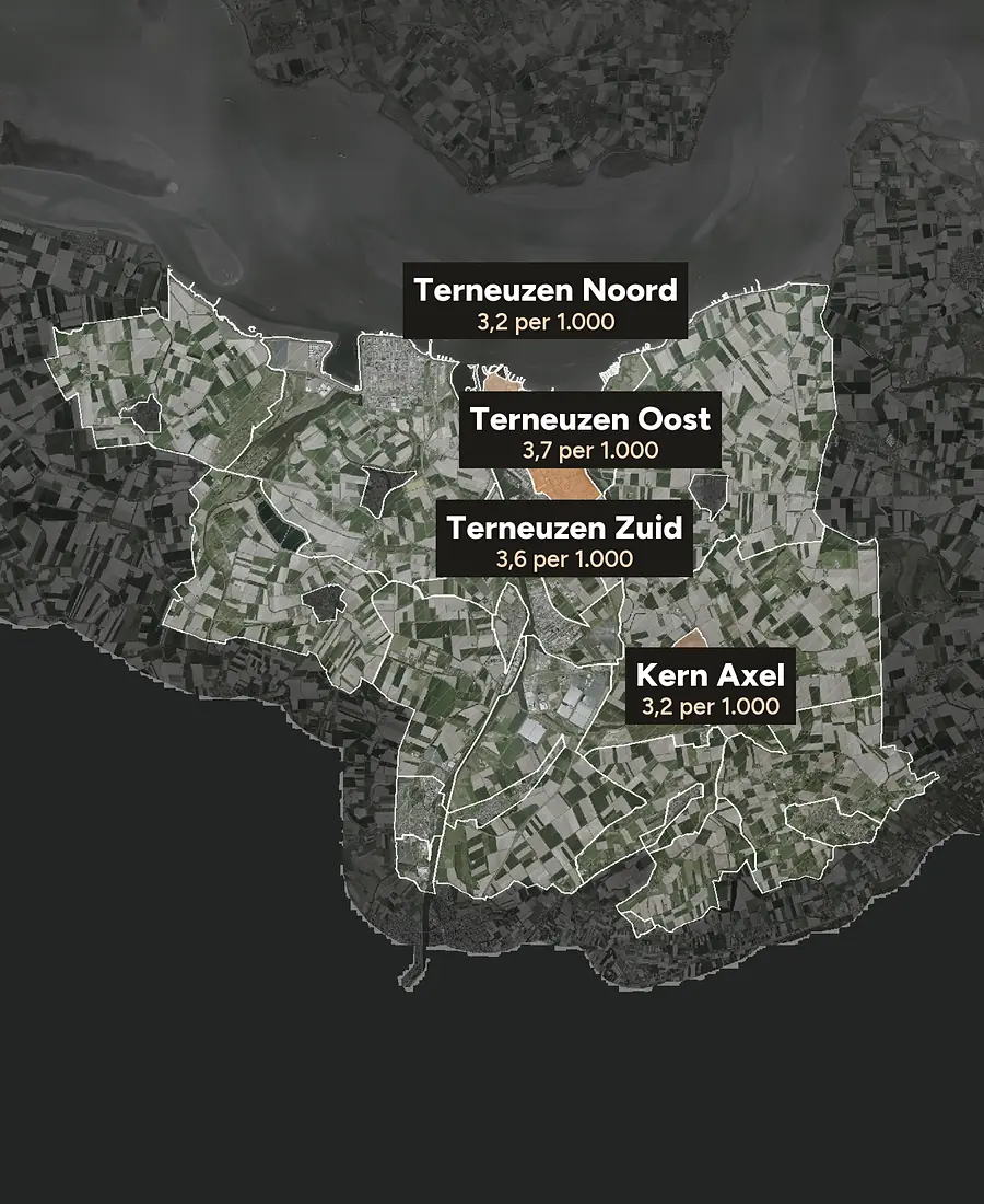 Luchtfoto van Terneuzen met de wijken ingekleurd