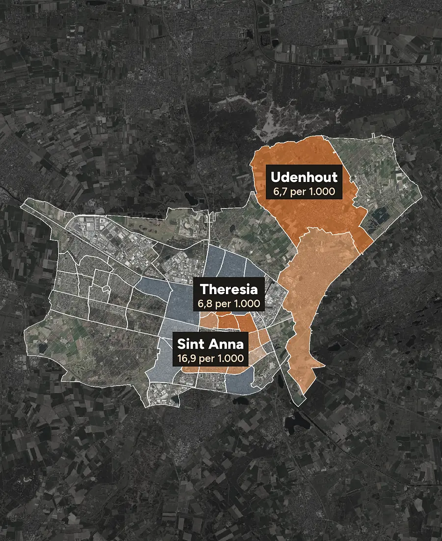 Luchtfoto van Tilburg met de wijken ingekleurd
