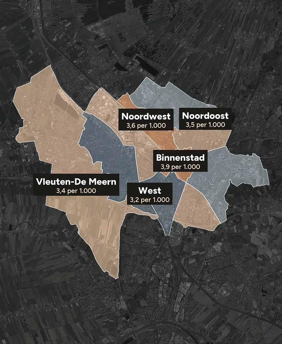 Luchtfoto van Utrecht met de wijken ingekleurd