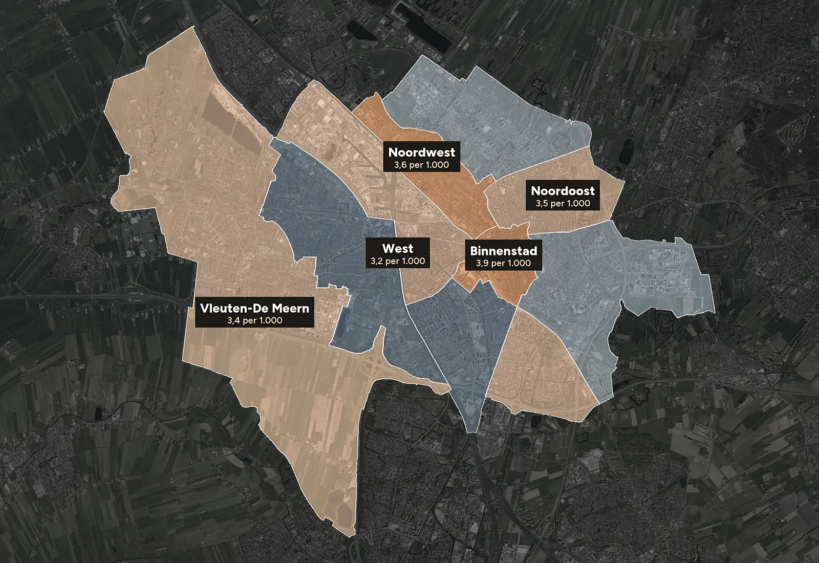 Luchtfoto van Utrecht met de wijken ingekleurd naar woninginbraken per 1.000 woningen, 2023-2025