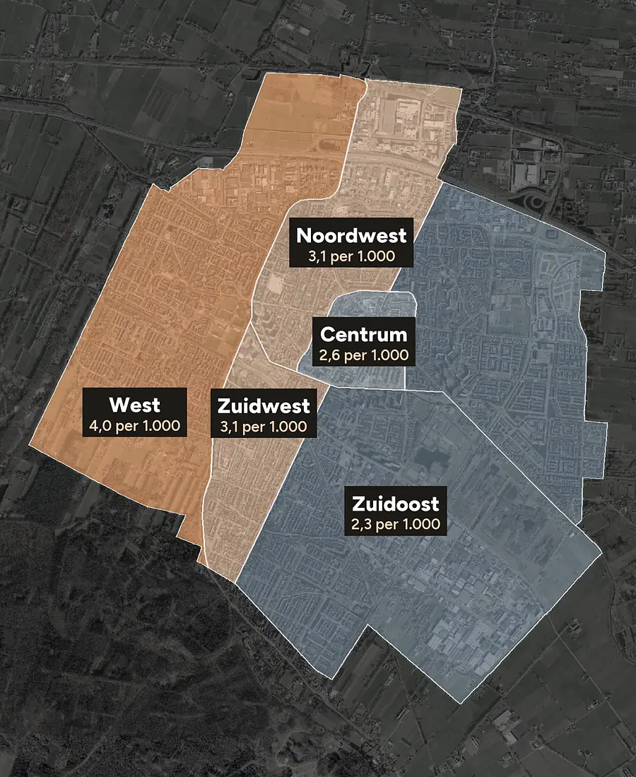 Luchtfoto van Veenendaal met de wijken ingekleurd