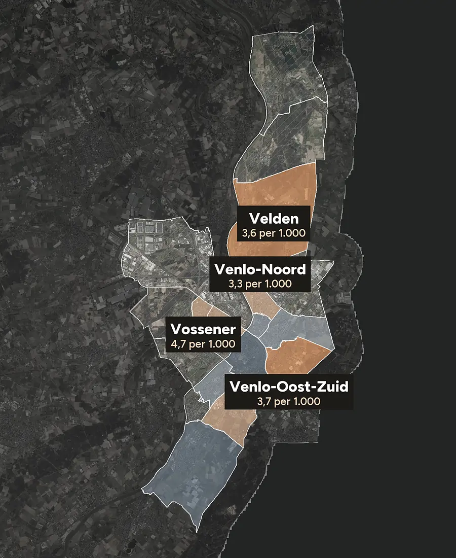Luchtfoto van Venlo met de wijken ingekleurd