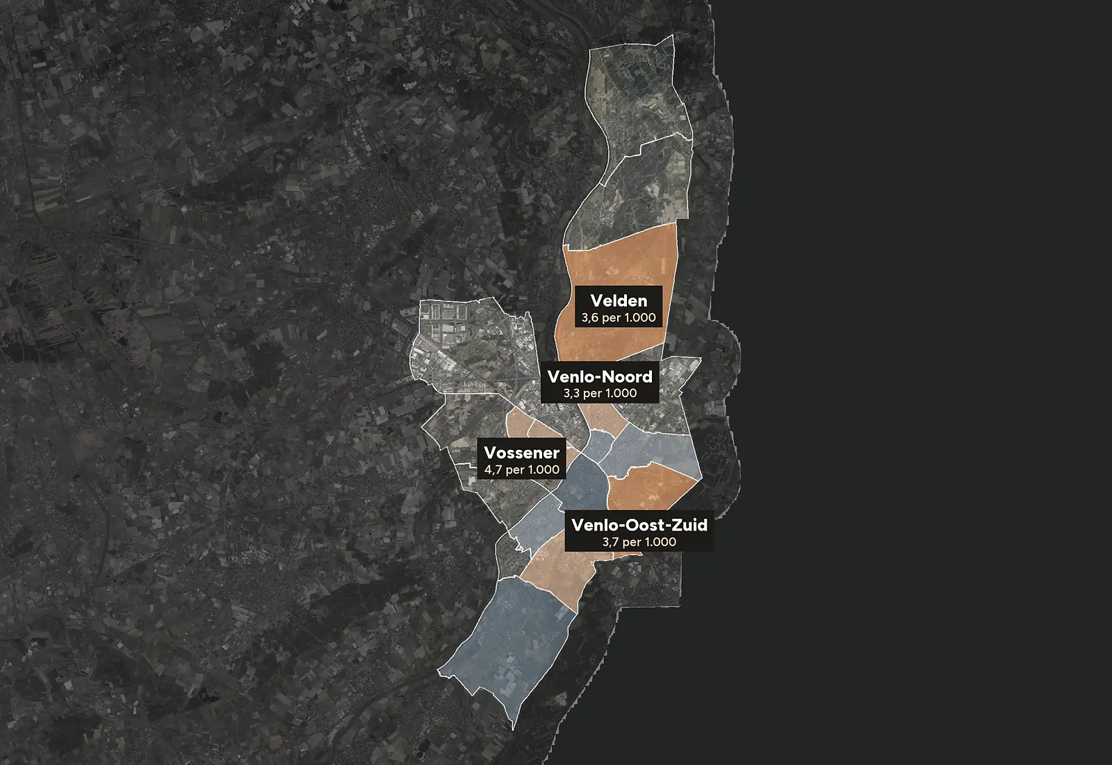 Luchtfoto van Venlo met de wijken ingekleurd naar woninginbraken per 1.000 woningen, 2023-2025