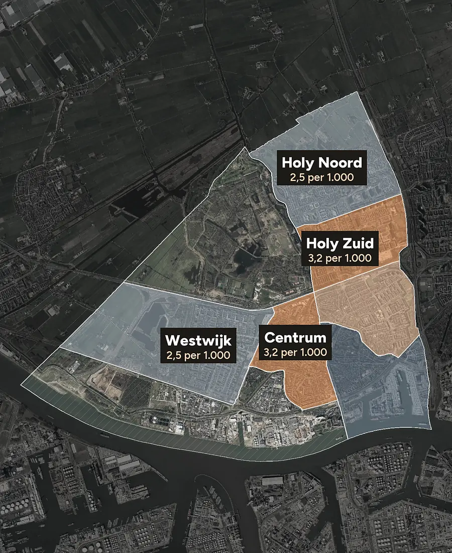 Luchtfoto van Vlaardingen met de wijken ingekleurd