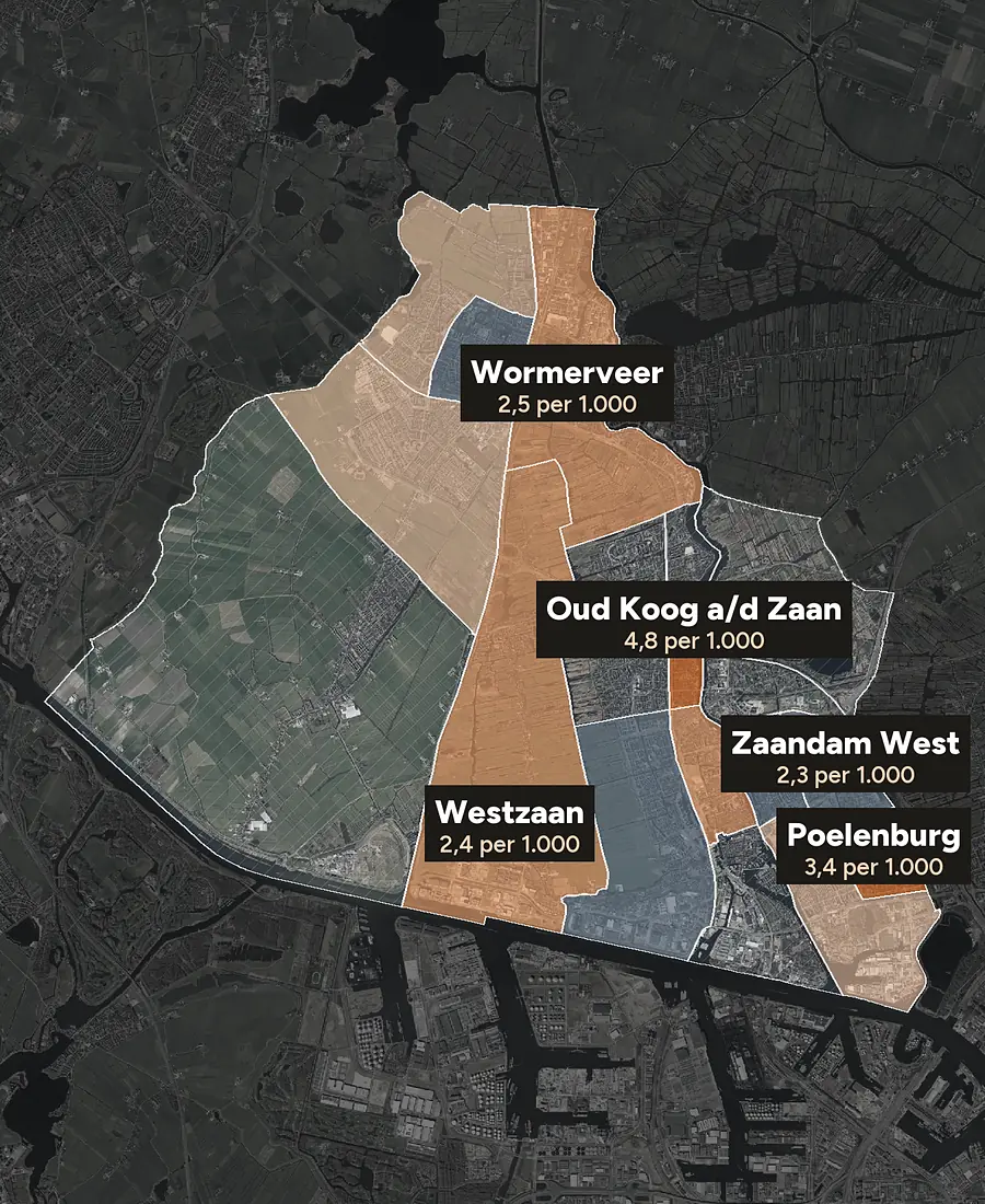 Luchtfoto van Zaanstad met de wijken ingekleurd