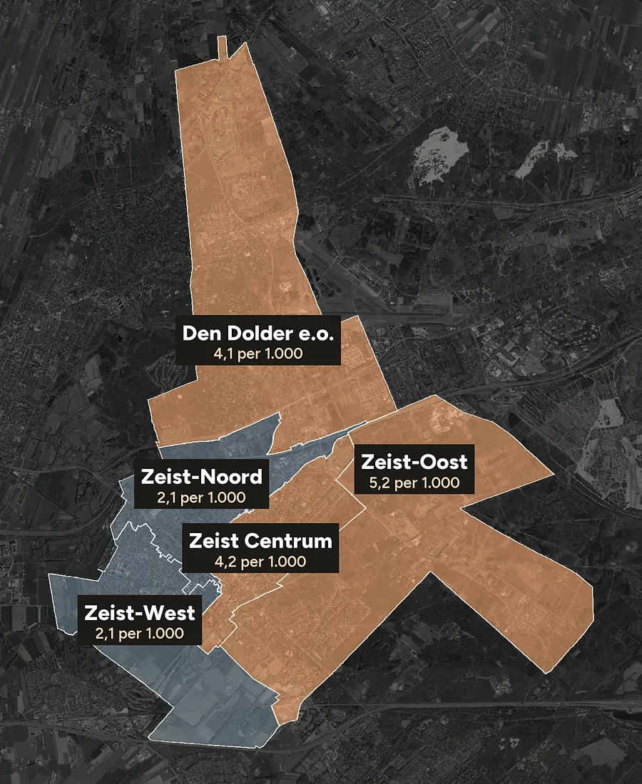 Luchtfoto van Zeist met de wijken ingekleurd