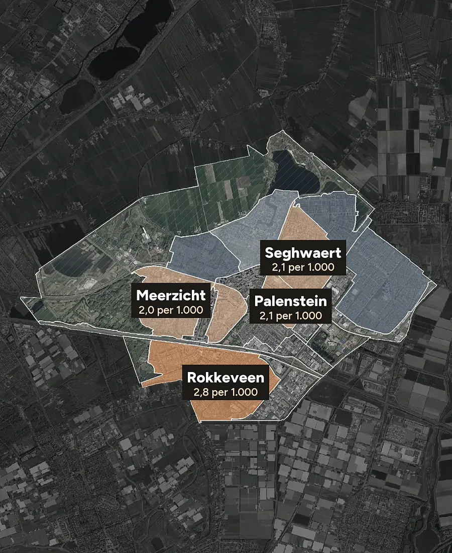 Luchtfoto van Zoetermeer met de wijken ingekleurd