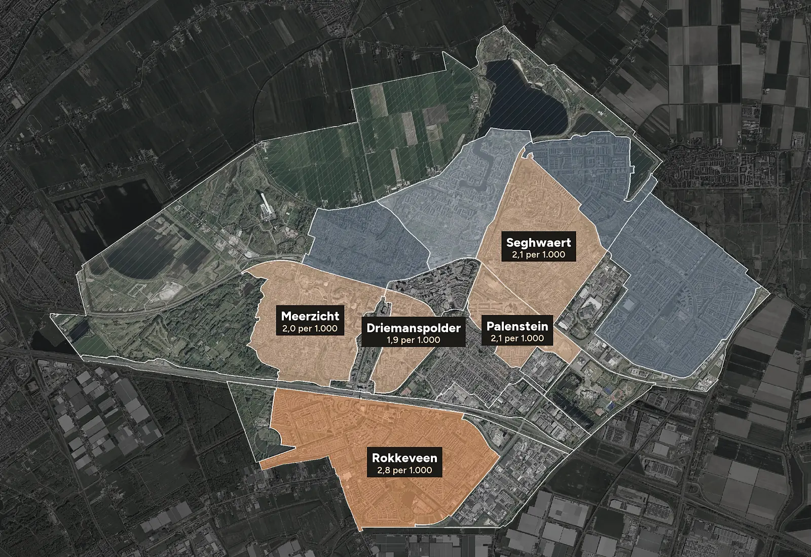 Luchtfoto van Zoetermeer met de wijken ingekleurd naar woninginbraken per 1.000 woningen, 2023-2025
