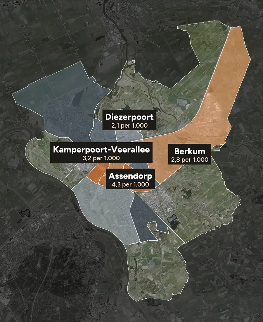 Luchtfoto van Zwolle met de wijken ingekleurd