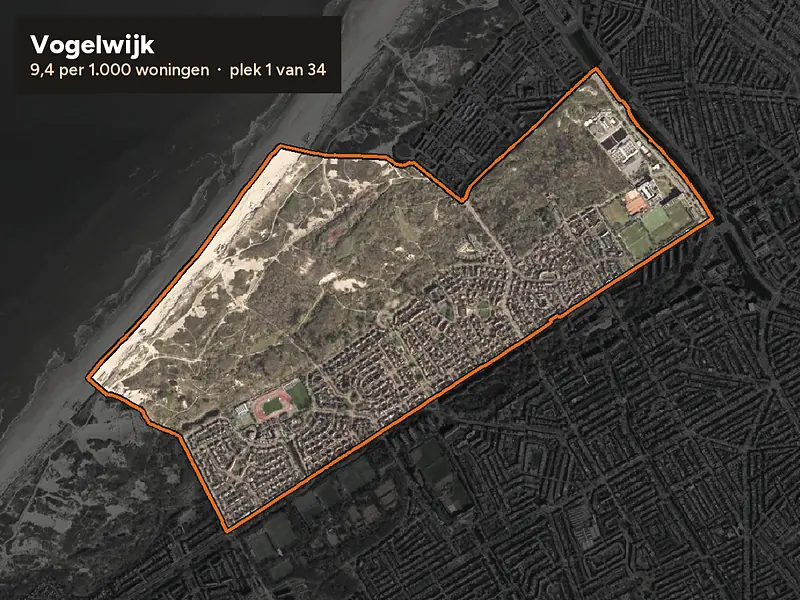 Luchtfoto van Vogelwijk in Den Haag, ingezoomd: 9,4 woninginbraken per 1.000 woningen per jaar