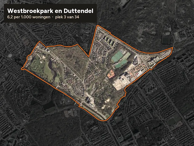 Luchtfoto van Westbroekpark en Duttendel in Den Haag, ingezoomd: 6,2 woninginbraken per 1.000 woningen per jaar