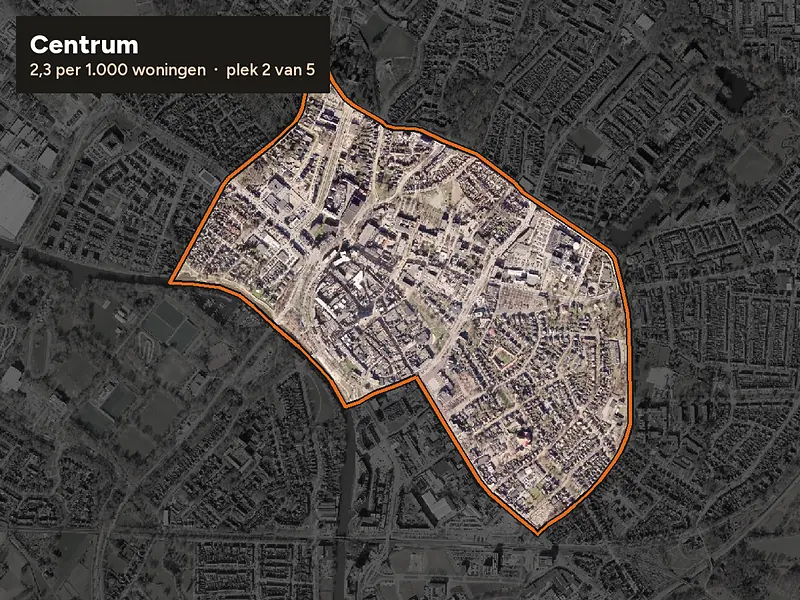 Luchtfoto van Centrum in Doetinchem, ingezoomd: 2,3 woninginbraken per 1.000 woningen per jaar