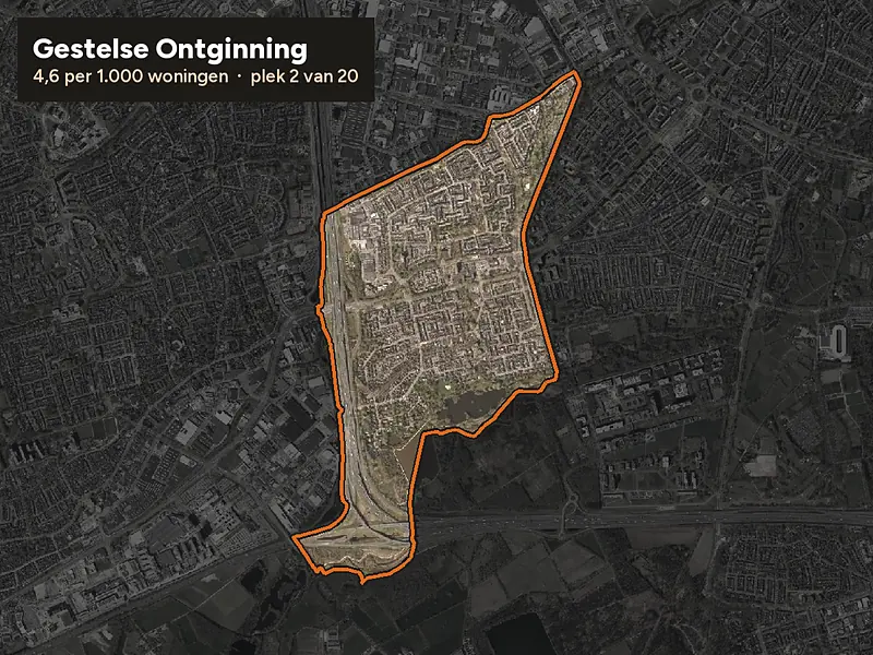 Luchtfoto van Gestelse Ontginning in Eindhoven, ingezoomd: 4,6 woninginbraken per 1.000 woningen per jaar