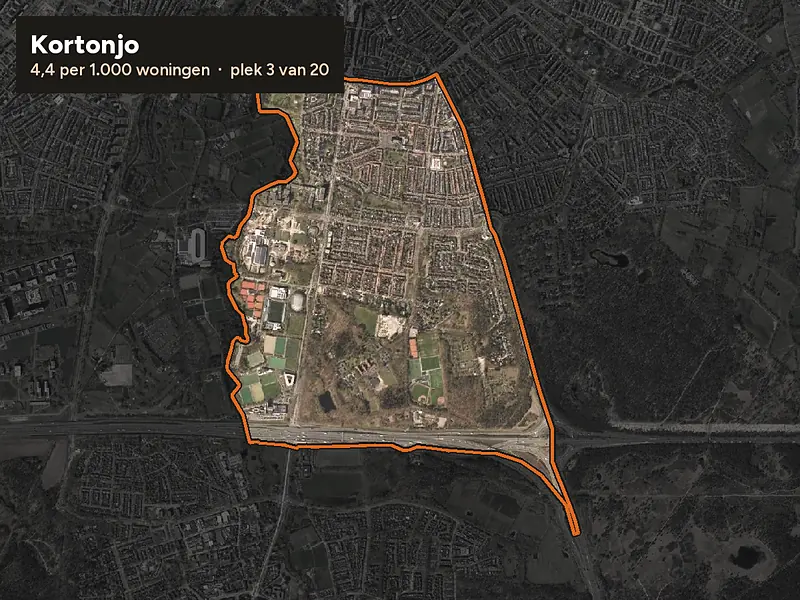 Luchtfoto van Kortonjo in Eindhoven, ingezoomd: 4,4 woninginbraken per 1.000 woningen per jaar