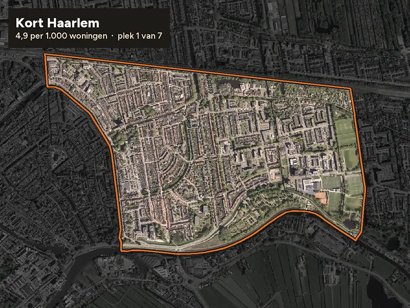 Luchtfoto van Kort Haarlem in Gouda, ingezoomd: 4,9 woninginbraken per 1.000 woningen per jaar