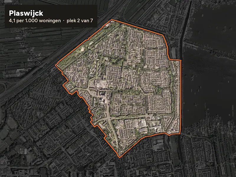 Luchtfoto van Plaswijck in Gouda, ingezoomd: 4,1 woninginbraken per 1.000 woningen per jaar