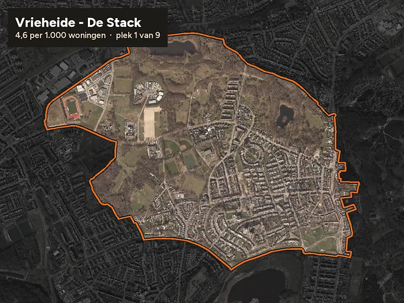 Luchtfoto van Vrieheide - De Stack in Heerlen, ingezoomd: 4,6 woninginbraken per 1.000 woningen per jaar