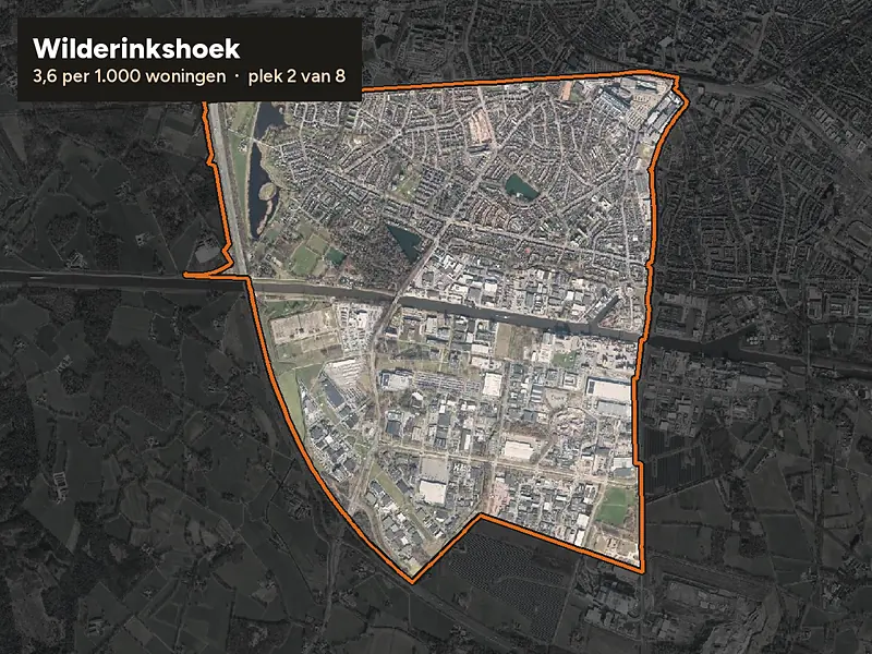 Luchtfoto van Wilderinkshoek in Hengelo, ingezoomd: 3,6 woninginbraken per 1.000 woningen per jaar