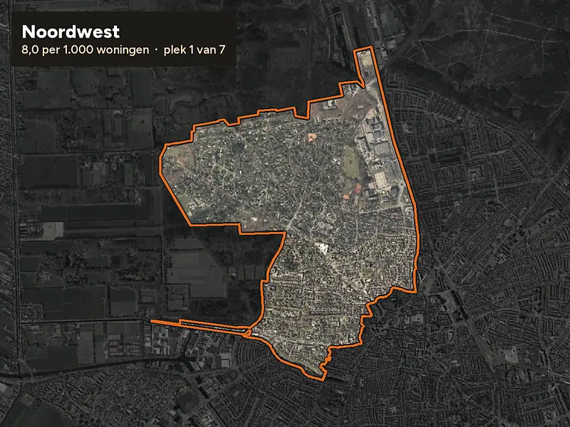 Luchtfoto van Noordwest in Hilversum, ingezoomd: 8,0 woninginbraken per 1.000 woningen per jaar