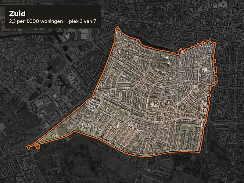 Luchtfoto van Zuid in Hilversum, ingezoomd: 2,3 woninginbraken per 1.000 woningen per jaar
