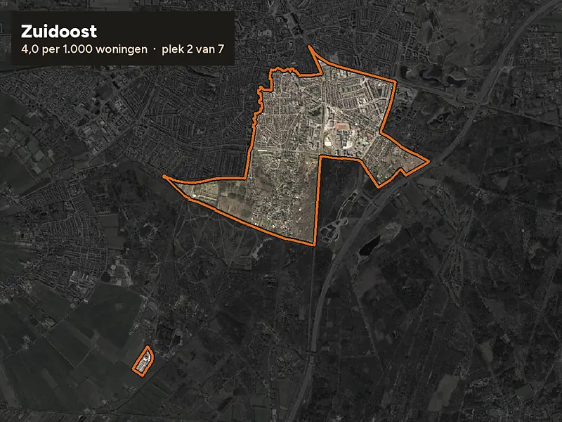 Luchtfoto van Zuidoost in Hilversum, ingezoomd: 4,0 woninginbraken per 1.000 woningen per jaar