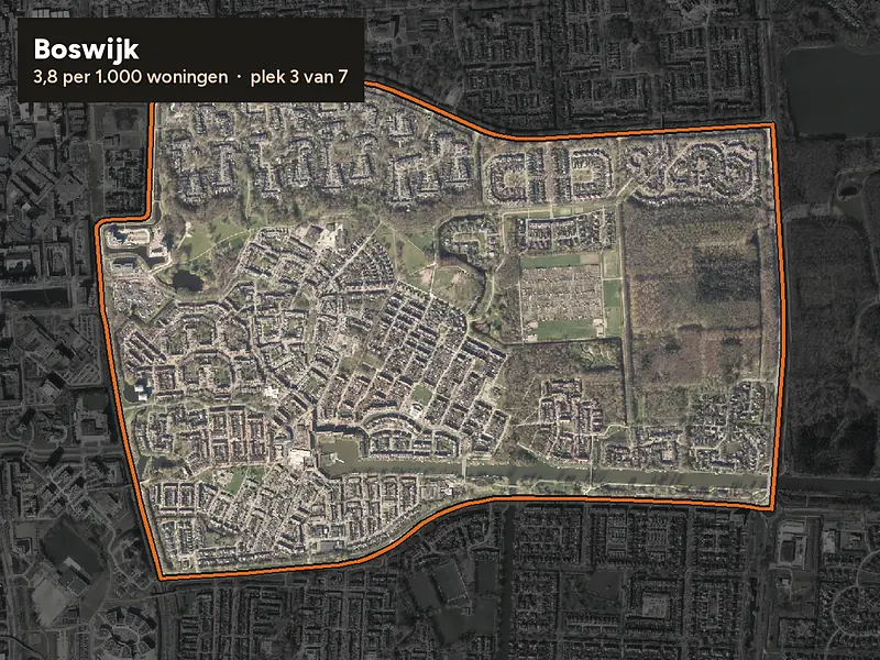 Luchtfoto van Boswijk in Lelystad, ingezoomd: 3,8 woninginbraken per 1.000 woningen per jaar
