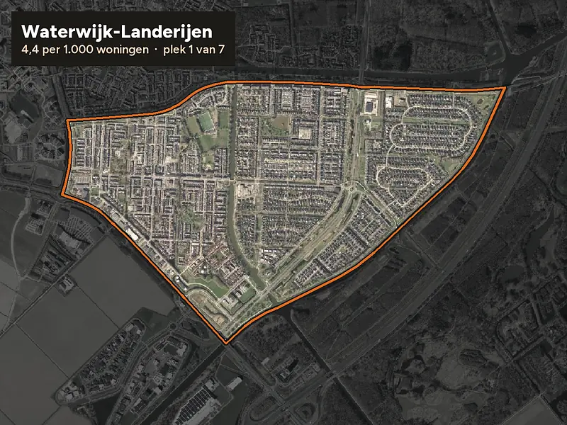 Luchtfoto van Waterwijk-Landerijen in Lelystad, ingezoomd: 4,4 woninginbraken per 1.000 woningen per jaar