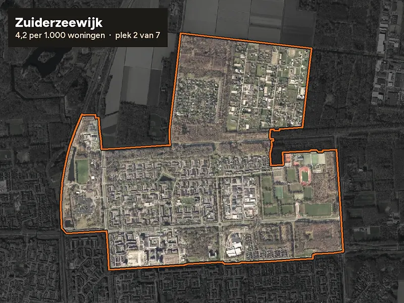 Luchtfoto van Zuiderzeewijk in Lelystad, ingezoomd: 4,2 woninginbraken per 1.000 woningen per jaar
