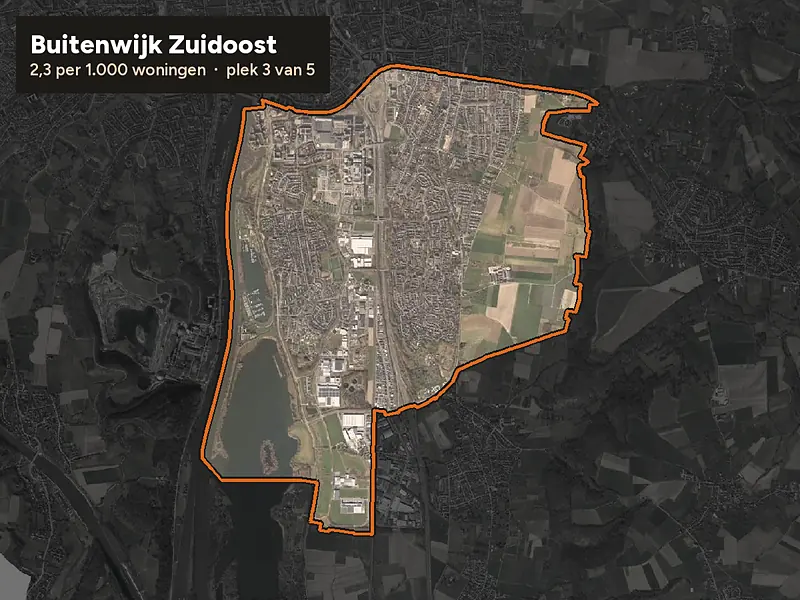 Luchtfoto van Buitenwijk Zuidoost in Maastricht, ingezoomd: 2,3 woninginbraken per 1.000 woningen per jaar