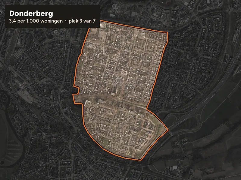 Luchtfoto van Donderberg in Roermond, ingezoomd: 3,4 woninginbraken per 1.000 woningen per jaar