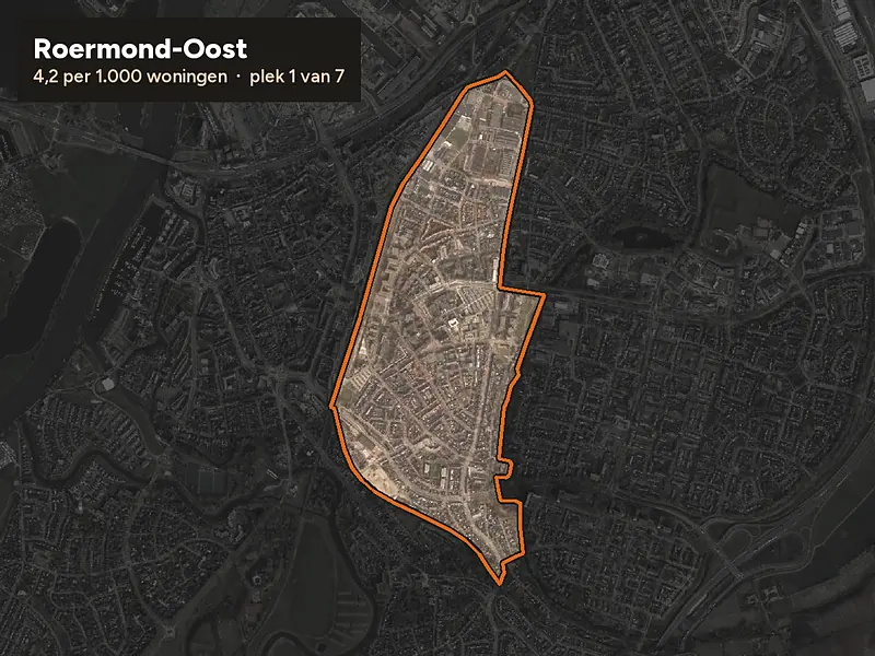 Luchtfoto van Roermond-Oost in Roermond, ingezoomd: 4,2 woninginbraken per 1.000 woningen per jaar
