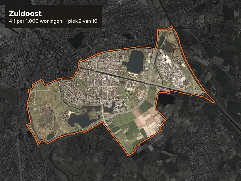 Luchtfoto van Zuidoost in ’s-Hertogenbosch, ingezoomd: 4,1 woninginbraken per 1.000 woningen per jaar