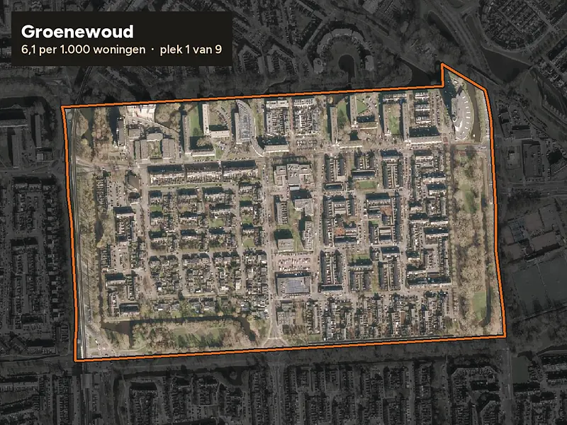 Luchtfoto van Groenewoud in Spijkenisse, ingezoomd: 6,1 woninginbraken per 1.000 woningen per jaar