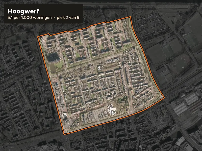 Luchtfoto van Hoogwerf in Spijkenisse, ingezoomd: 5,1 woninginbraken per 1.000 woningen per jaar