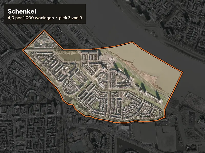 Luchtfoto van Schenkel in Spijkenisse, ingezoomd: 4,0 woninginbraken per 1.000 woningen per jaar