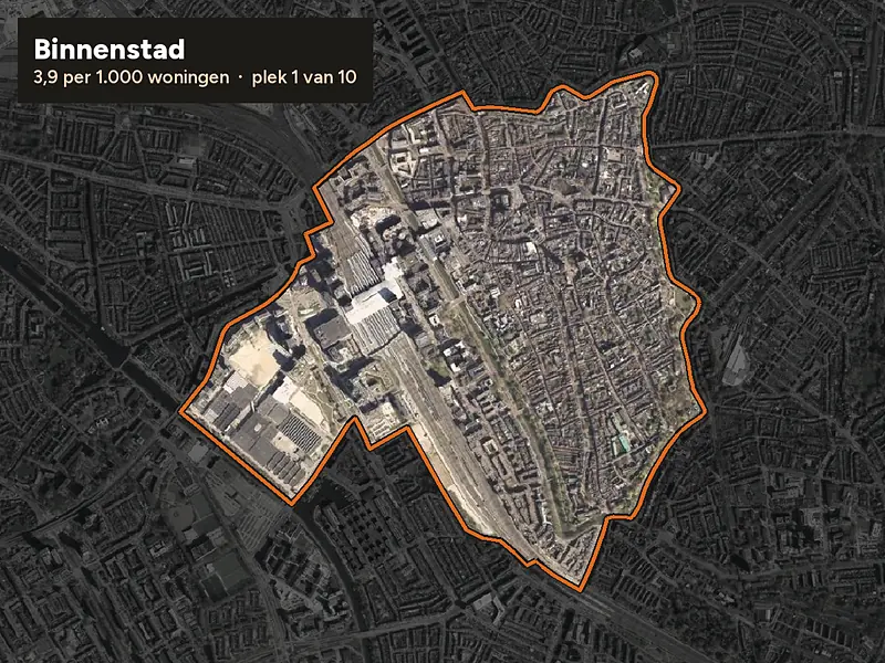 Luchtfoto van Binnenstad in Utrecht, ingezoomd: 3,9 woninginbraken per 1.000 woningen per jaar