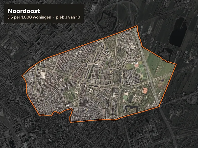 Luchtfoto van Noordoost in Utrecht, ingezoomd: 3,5 woninginbraken per 1.000 woningen per jaar