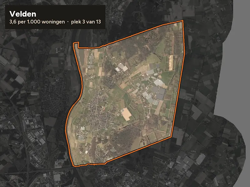 Luchtfoto van Velden in Venlo, ingezoomd: 3,6 woninginbraken per 1.000 woningen per jaar