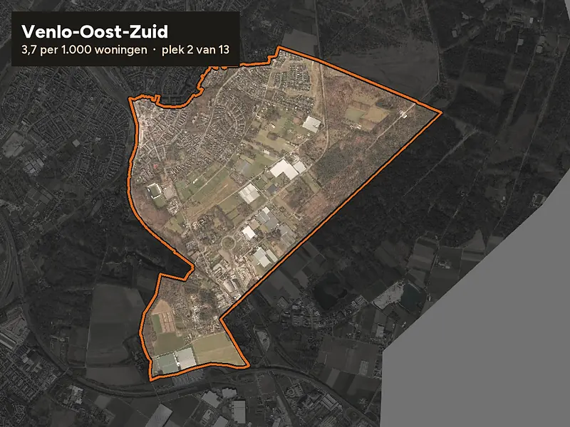 Luchtfoto van Venlo-Oost-Zuid in Venlo, ingezoomd: 3,7 woninginbraken per 1.000 woningen per jaar