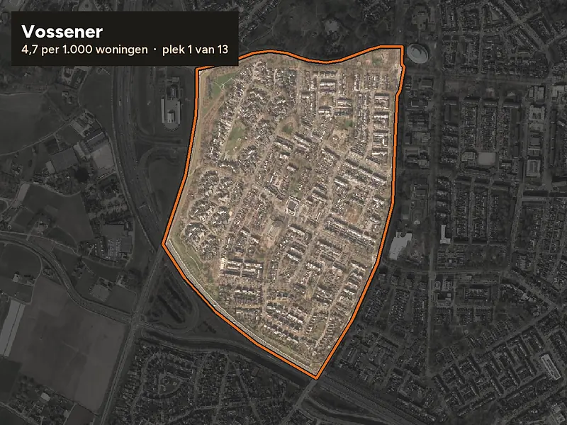 Luchtfoto van Vossener in Venlo, ingezoomd: 4,7 woninginbraken per 1.000 woningen per jaar