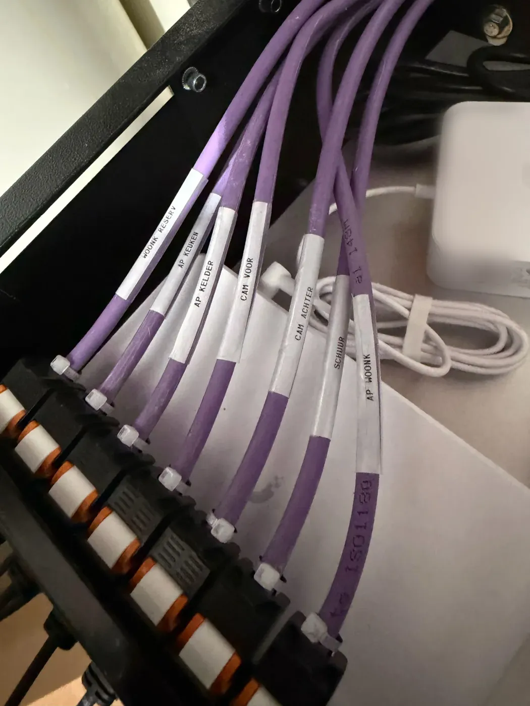 Netwerkkabels met een label per ruimte op het patchpaneel