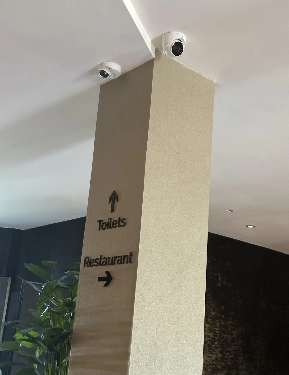 Twee camera's strak tegen het plafond bij de bewegwijzering in hotel Van der Valk Leusden