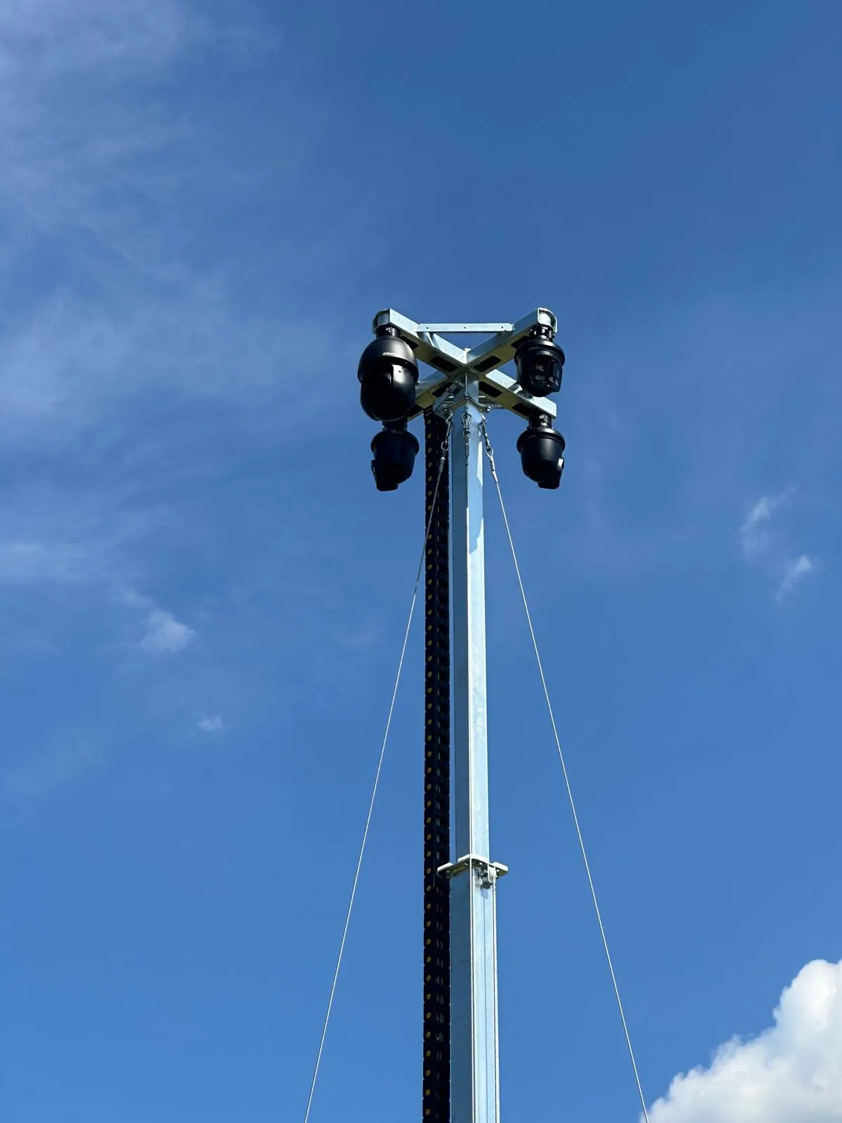 Mastkop met vier bolcamera's in een kruisframe, gezekerd met spandraden tegen een blauwe lucht