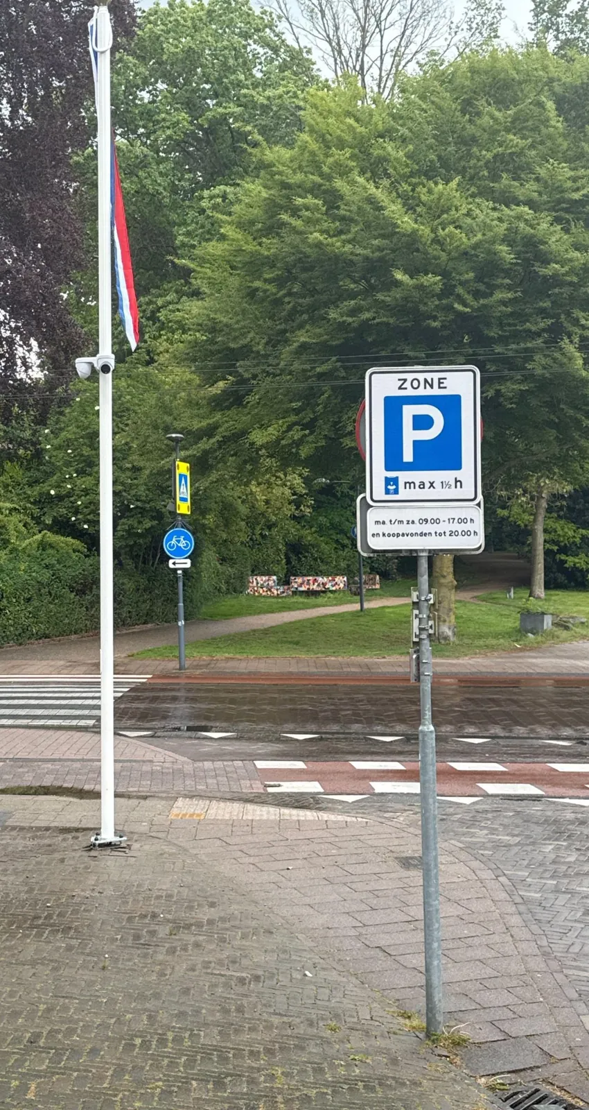 Camera's aan een witte vlaggenmast op de hoek bij het zebrapad in Oosterbeek