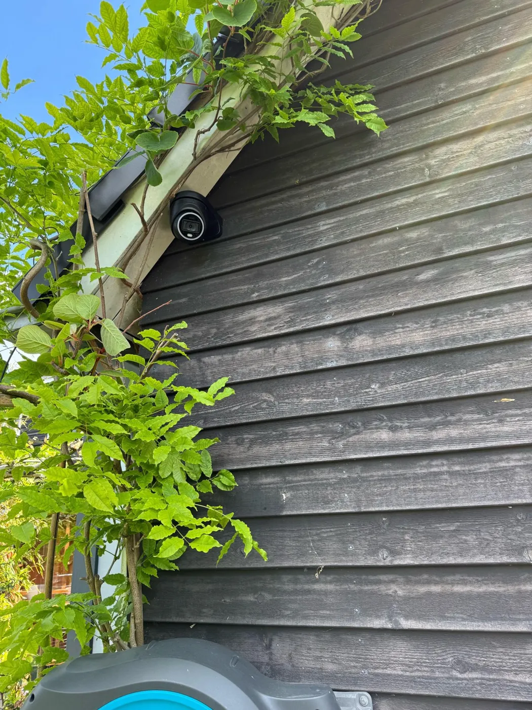 Zwarte turretcamera op een houten gevel met blauweregen in Blaricum